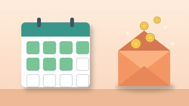 Ilustração sobre o abono salarial: calendário com sete de doze quadrados em verde e envelope aberto com moedas saindo