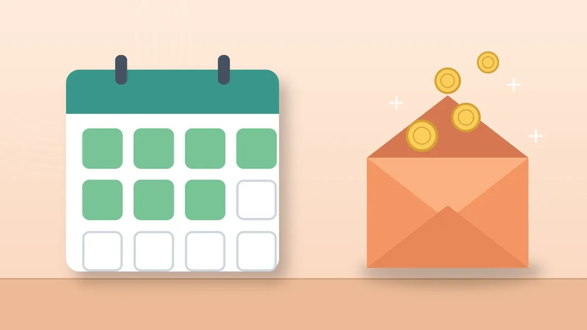 Ilustração sobre o abono salarial: calendário com sete de doze quadrados em verde e envelope aberto com moedas saindo