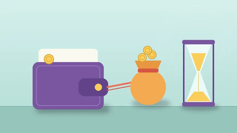Ilustração sobre o cheque especial: carteira roxa ligada por um elástico a uma bolsa de moedas, com ampulheta ao lado