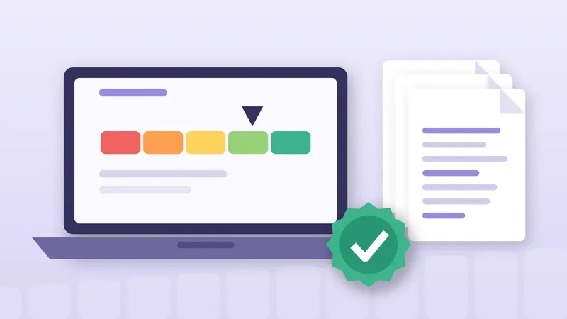 Ilustração da consulta de score: notebook com barra de cinco cores e marcador, selo com sinal de visto e folhas de relatório