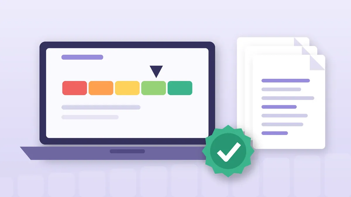 Ilustração da consulta de score: notebook com barra de cinco cores e marcador, selo com sinal de visto e folhas de relatório