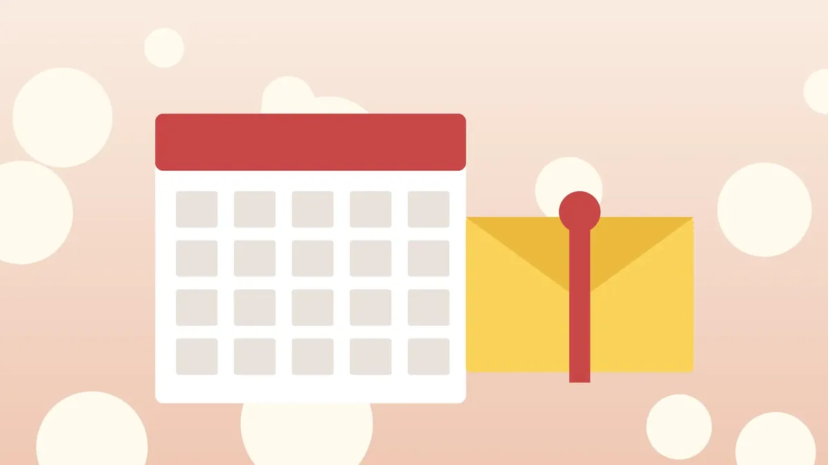 Ilustração de um calendário em branco ao lado de um envelope amarrado com fita, como presente