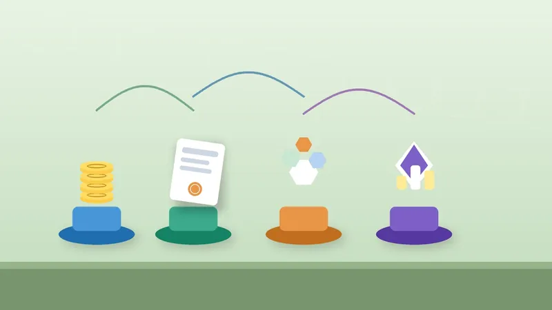 Ilustração da diversificação de investimentos: quatro pedestais com moedas, certificado, hexágonos e losango