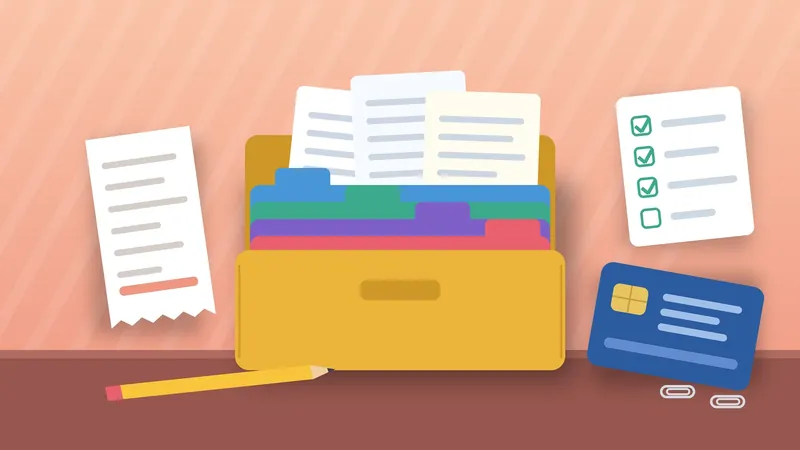 Ilustração dos documentos da declaração do IR: pasta com divisórias, folhas, recibo, cartão e checklist sobre a mesa