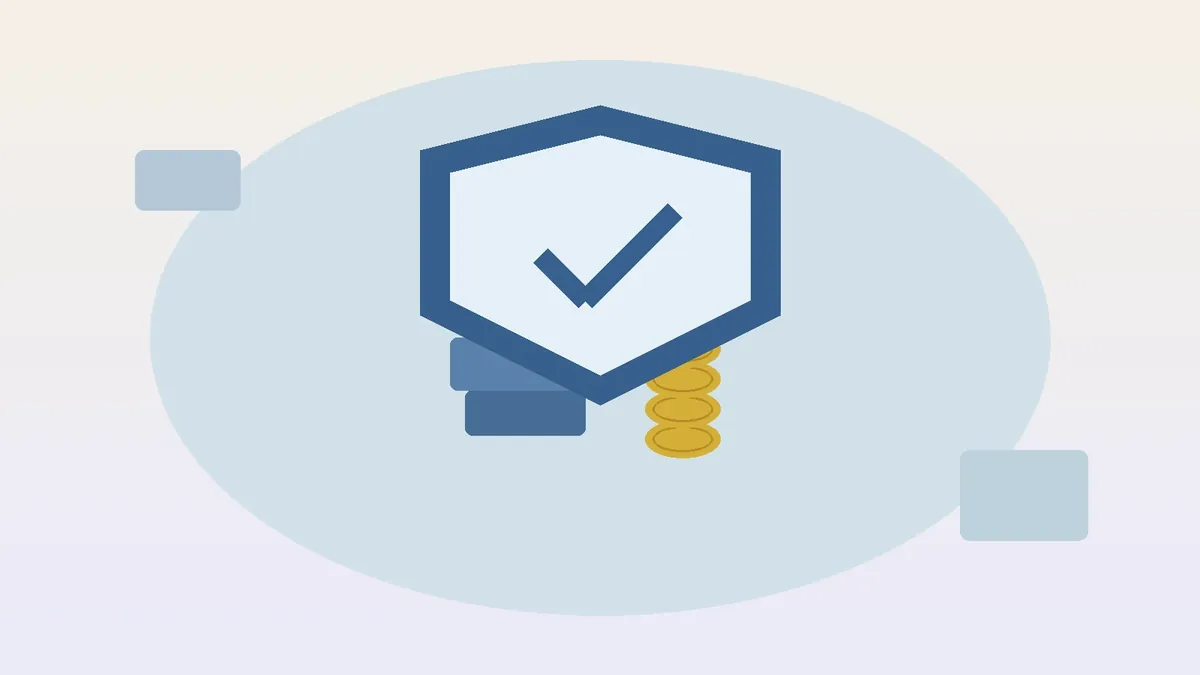 Ilustração de um escudo geométrico azul protegendo uma pilha de blocos e moedas em fundo creme