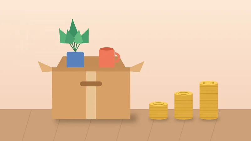 Ilustração sobre o FGTS na demissão: caixa de papelão com planta e caneca ao lado de três pilhas de moedas crescentes