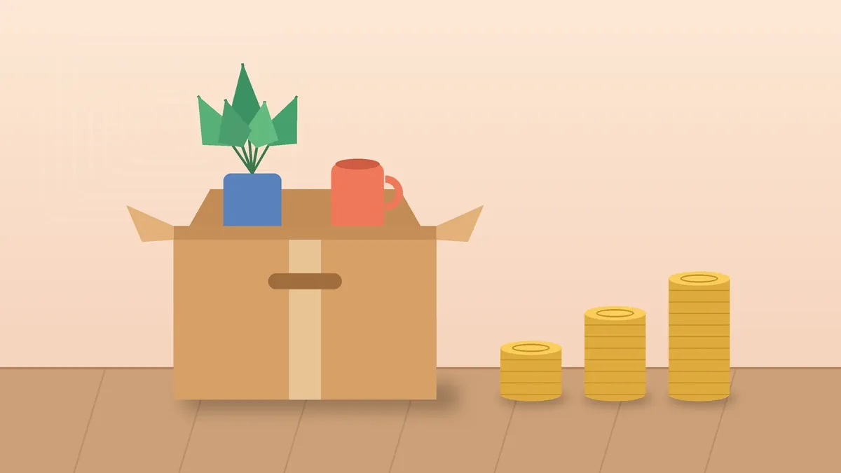Ilustração sobre o FGTS na demissão: caixa de papelão com planta e caneca ao lado de três pilhas de moedas crescentes