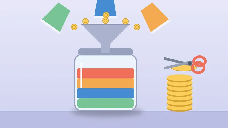 Ilustração sobre fundos de investimento: copos jogam moedas num funil sobre pote em camadas e tesoura sobre pilha de moedas