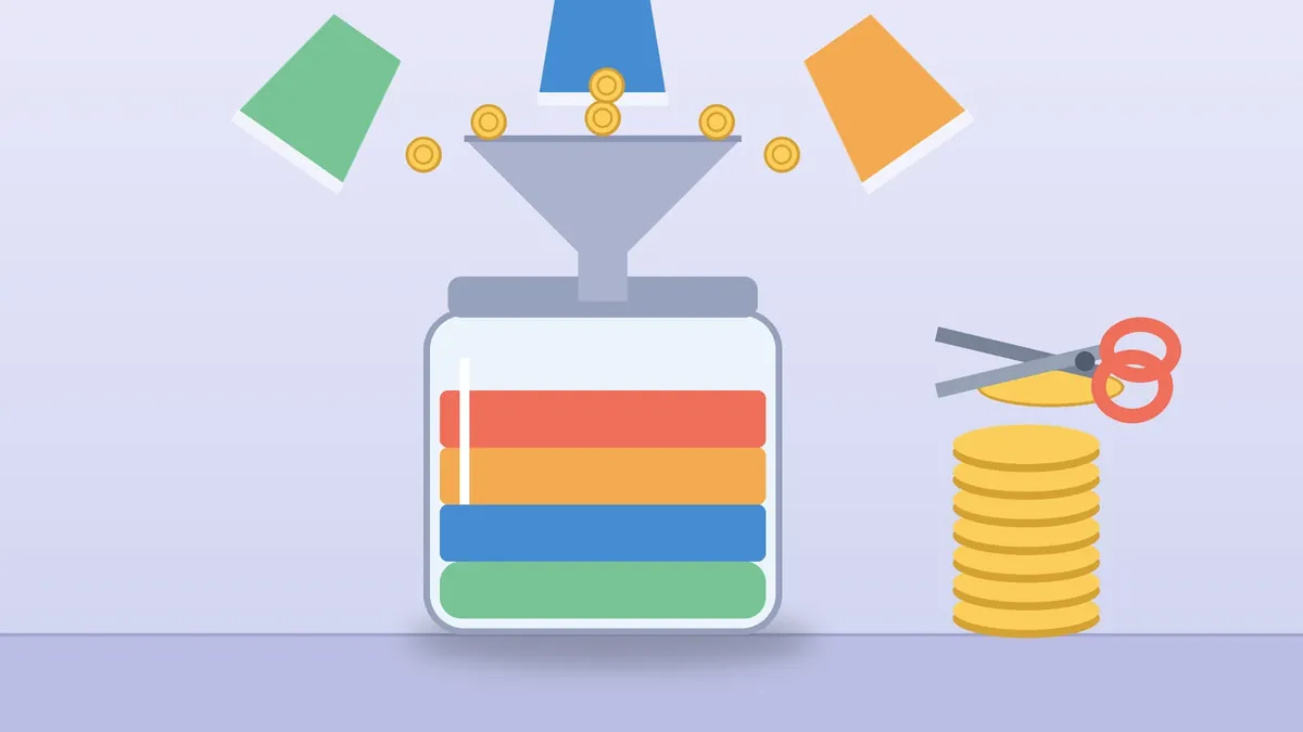 Ilustração sobre fundos de investimento: copos jogam moedas num funil sobre pote em camadas e tesoura sobre pilha de moedas