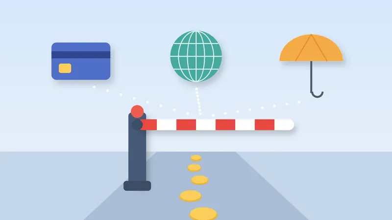Ilustração sobre o IOF: cancela listrada sobre um caminho de moedas, com cartão, globo e guarda-chuva ao fundo
