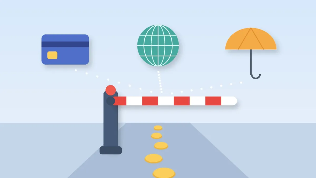 Ilustração sobre o IOF: cancela listrada sobre um caminho de moedas, com cartão, globo e guarda-chuva ao fundo