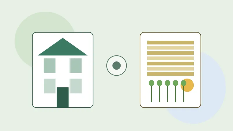 Ilustração comparando LCI e LCA: cartão com uma casa ao lado de cartão com documento, plantação e sol