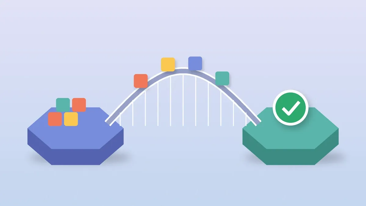 Ilustração sobre o Open Finance: ponte entre duas plataformas com blocos coloridos atravessando e selo verde de visto