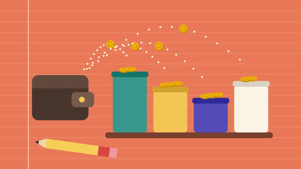 Ilustração sobre orçamento mensal: carteira distribuindo moedas em quatro potes de alturas diferentes, com um lápis abaixo