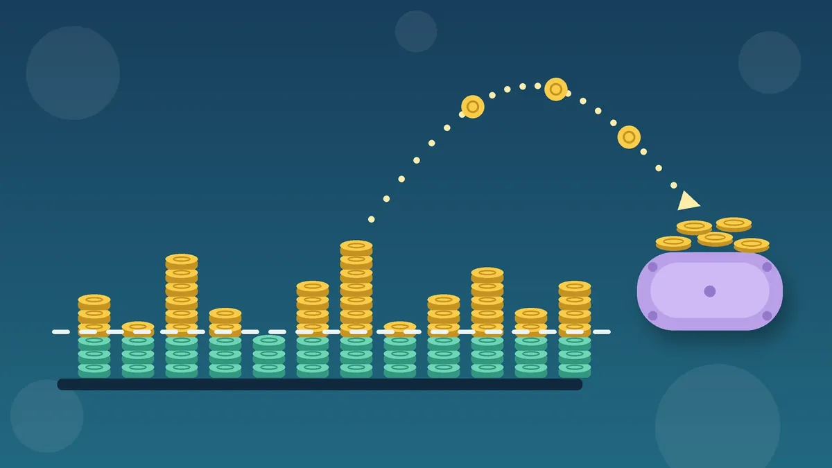 Ilustração do orçamento com renda variável: colunas de moedas de alturas variadas, linha tracejada e almofada com moedas
