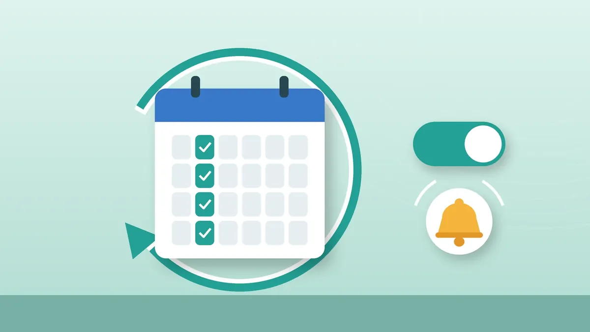 Ilustração do Pix Automático: calendário com dias marcados, seta circular de repetição, interruptor ligado e sino