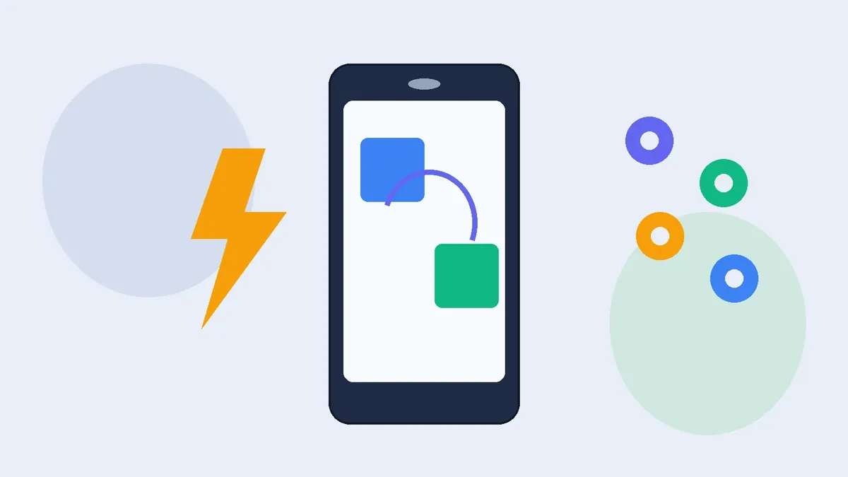 Ilustração sobre como funciona o Pix: celular com transferência entre dois blocos, raio amarelo e círculos coloridos