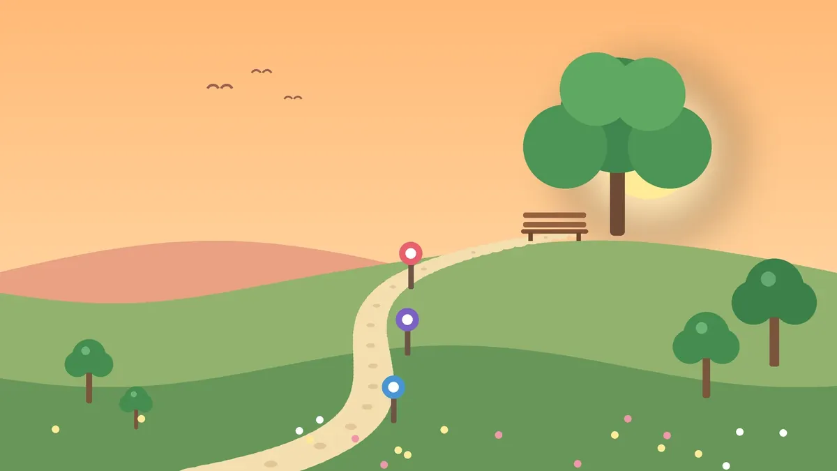 Ilustração do planejamento da aposentadoria: caminho com marcos e árvores até um banco no alto da colina ao entardecer