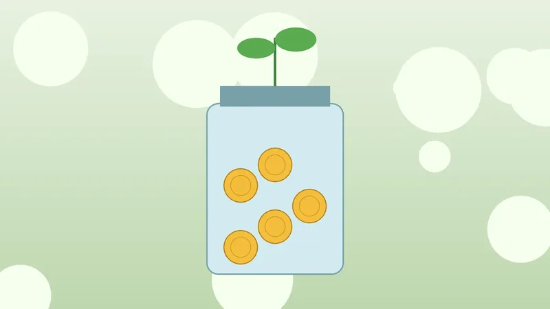 Ilustração de um pote de vidro com moedas e um broto de planta nascendo da tampa