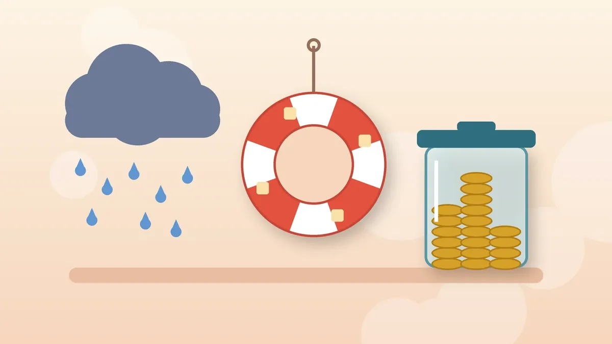 Ilustração sobre reserva de emergência: nuvem de chuva, boia salva-vidas e pote de vidro com moedas guardadas