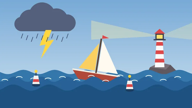 Ilustração sobre riscos de investir: veleiro em ondas agitadas, nuvem escura com raio, farol com feixes de luz e duas boias
