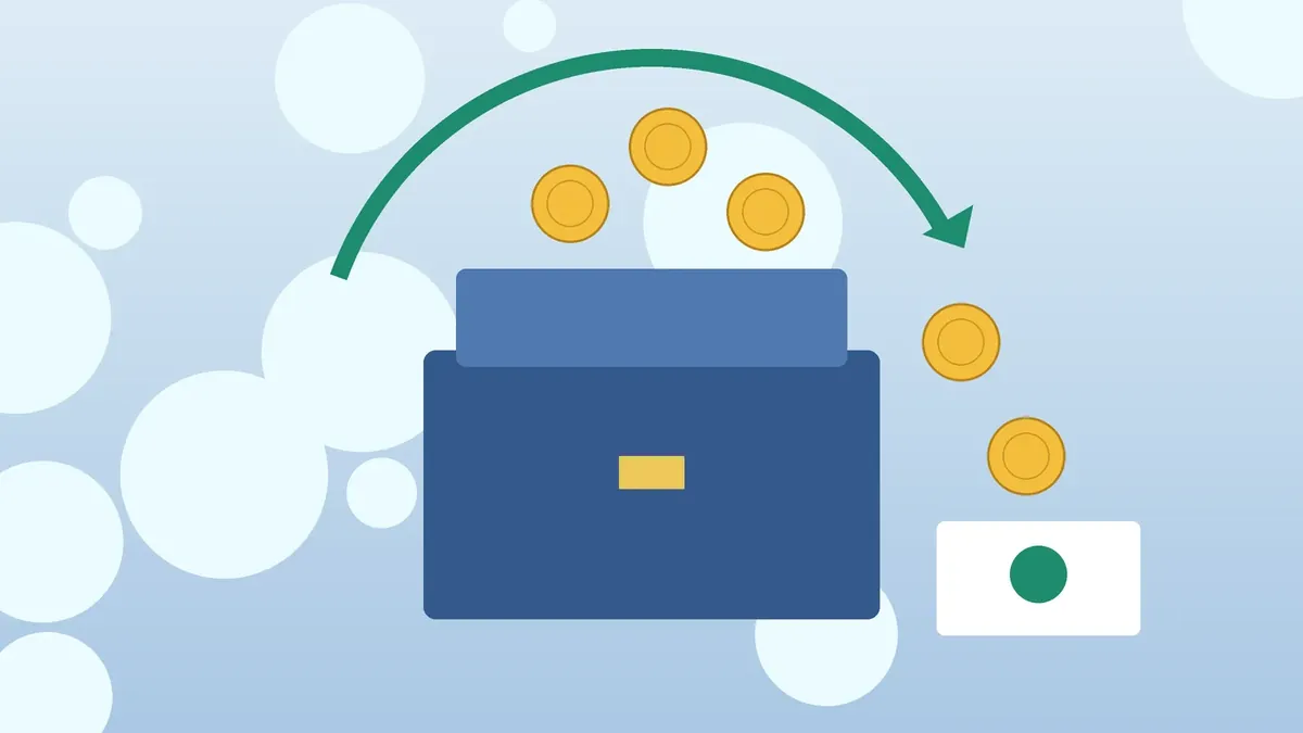 Ilustração de um cofre aberto com moedas voltando em arco até um cartão