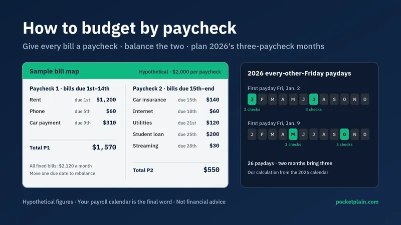 Hypothetical bill map splitting monthly bills between two paychecks, beside a 2026 calendar of three-paycheck months
