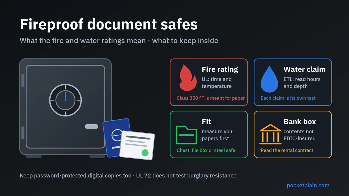 Fireproof document safes: a document safe beside a passport and a certificate, with tiles on fire rating, water claim, fit, and bank box coverage