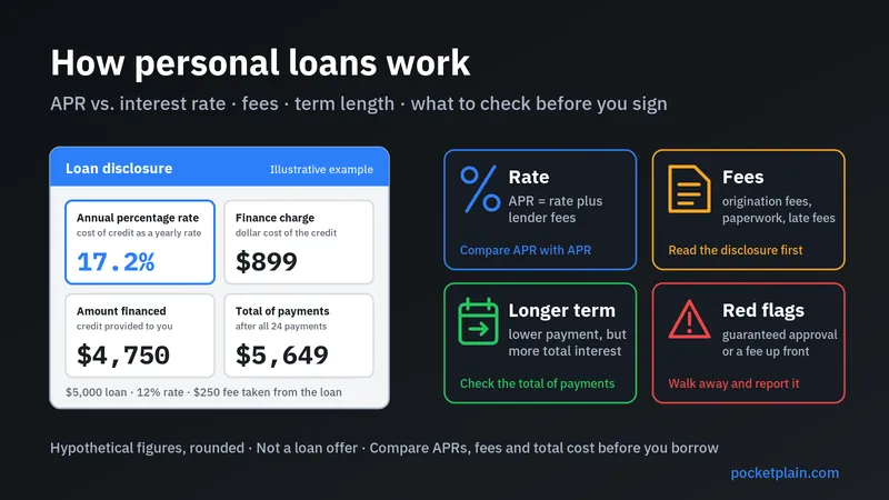 How personal loans work: a generic loan disclosure with APR, finance charge, amount financed and total of payments, next to tiles on rates and fees