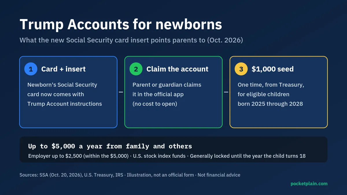 Diagram of three steps for Trump Accounts: the newborn card insert, claiming in the official app and the $1,000 seed