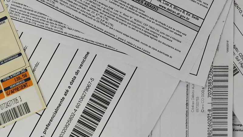 Boletos bancários sobrepostos, com códigos de barras e linhas digitáveis sobre uma mesa.