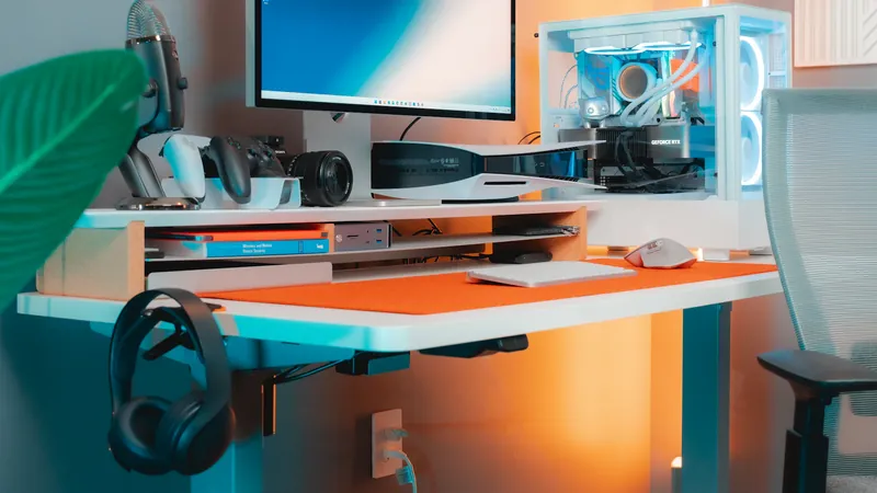 White standing desk with a monitor, gaming PC, game console and two controllers, lit by warm orange and teal light